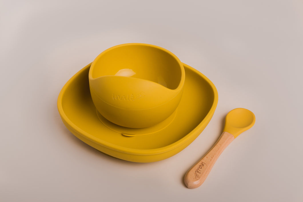 Juego de comida (taza + cuchara) y plato - mustard