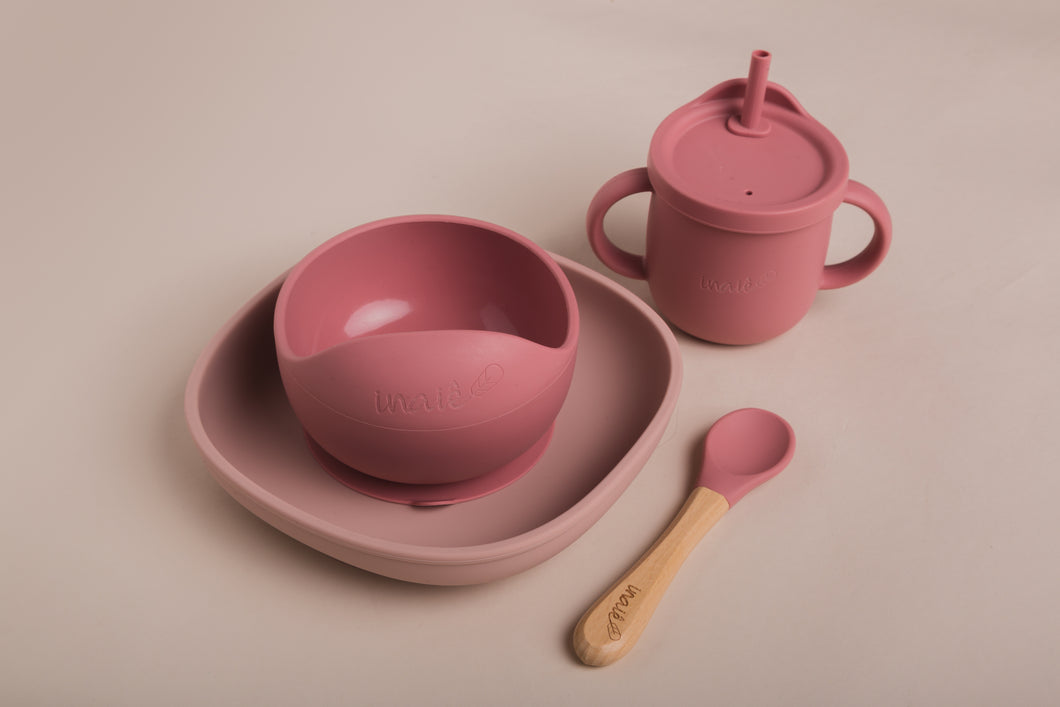 Meal set (meal set (bowl + spoon) + plate + multifuction cup) - Pink